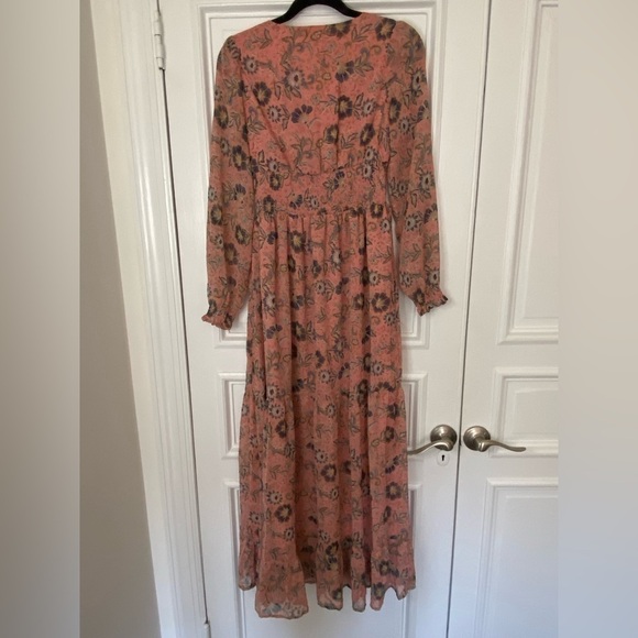 Patrons of Peace Peach Pink Navy Floral Longsleeve Maxi Dress Smock Button Front - Picture 8 of 14